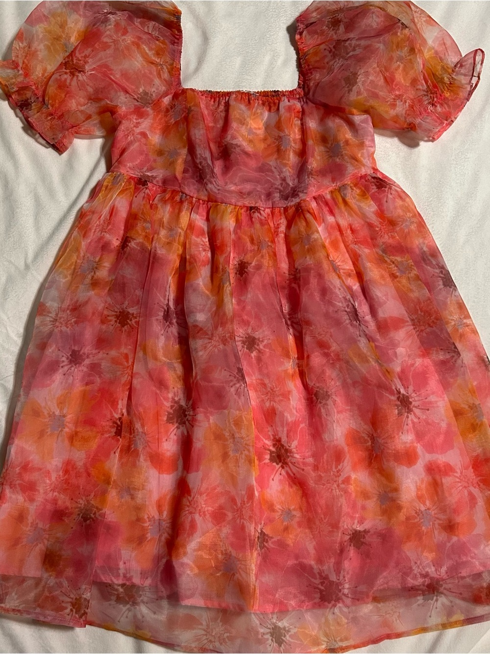 Pink Orange Floral Puff Sleeve Dress